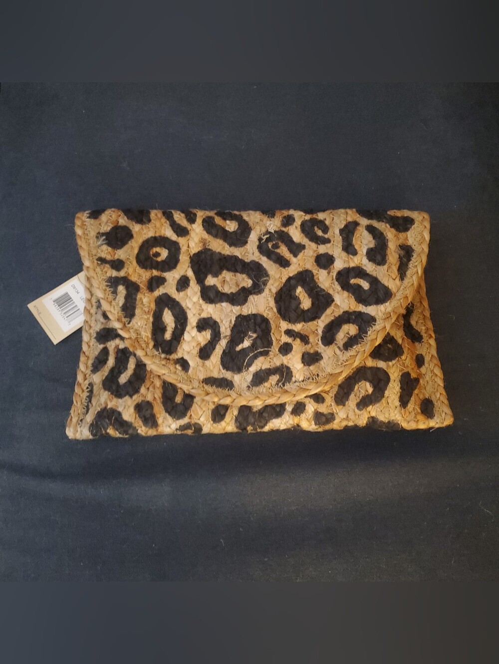 Leopard Print Woven Jute Clutch Bag - Natural/Black